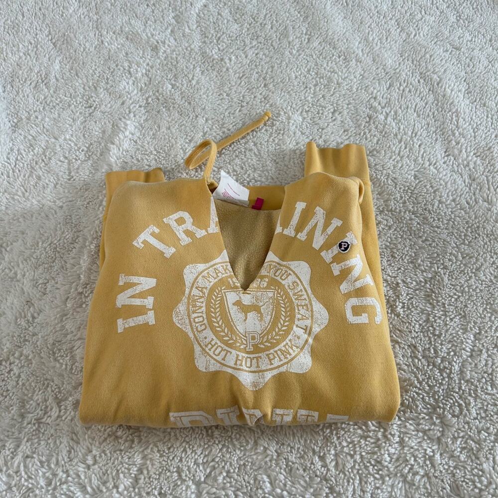 VTG Y2K Victoria's Secret PINK Hoodie Yellow V-Neck Graphic Print College Preppy